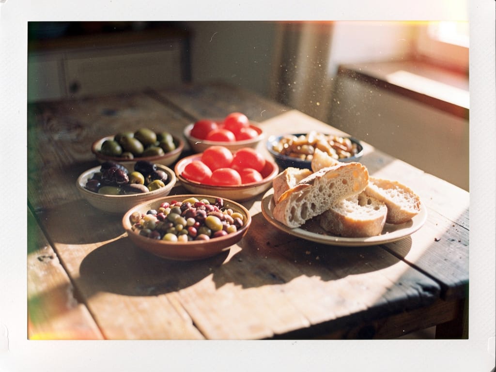 Mediterranean longevity meal on a rustic wooden table