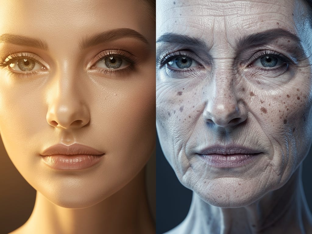 Split portrait showing contrast between youthful and aged skin under dramatic lighting