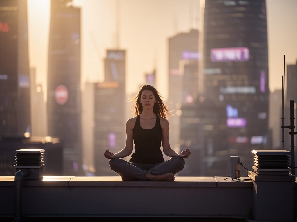 Person meditating peacefully on a rooftop at golden hour with city lights