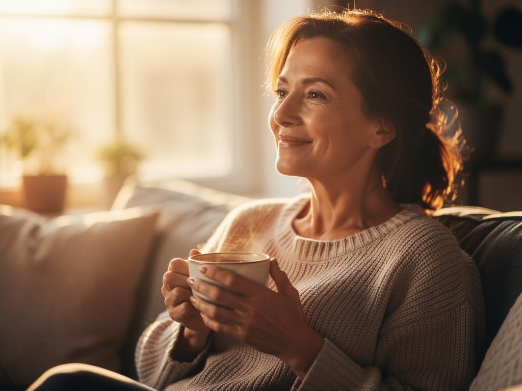 Woman with youthful glowing skin sitting by a sunny window
