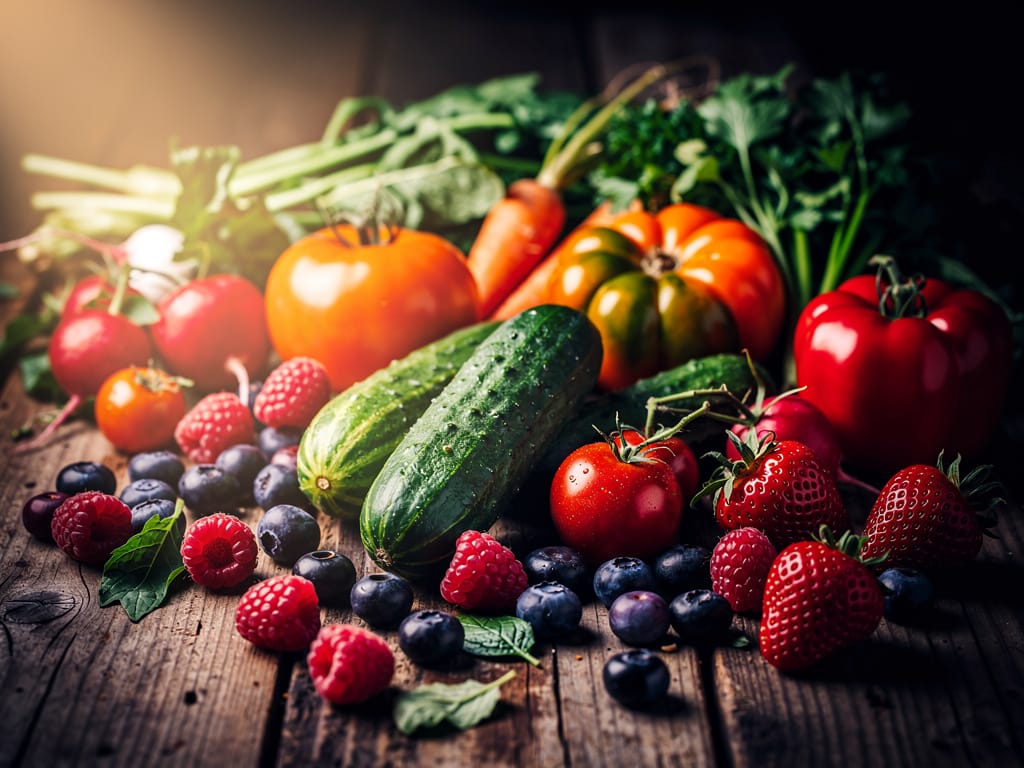 Colorful fresh vegetables and berries on a wooden table