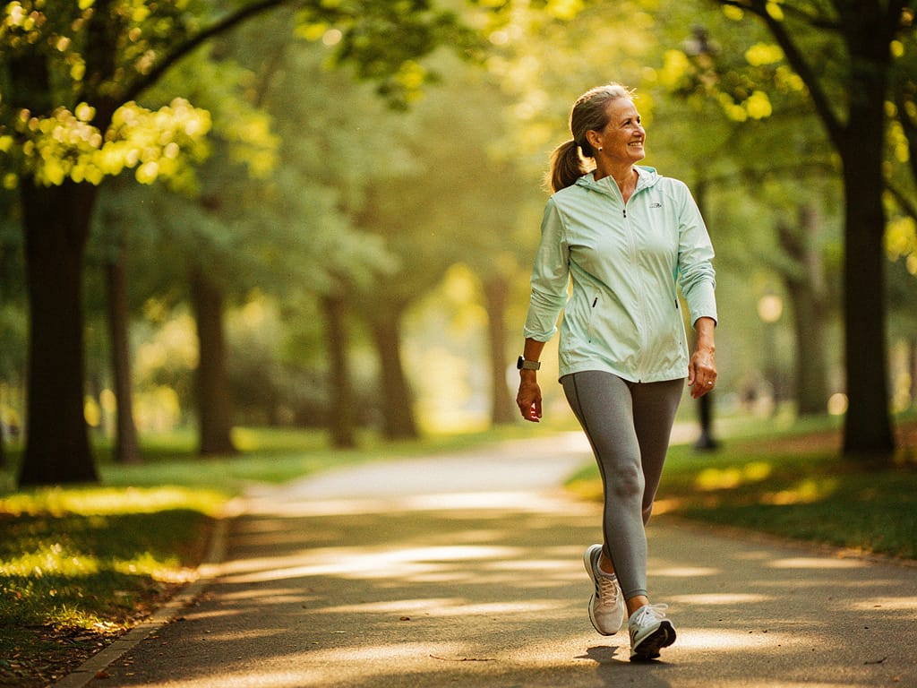 Woman walking outdoors in morning light on a tree-lined path