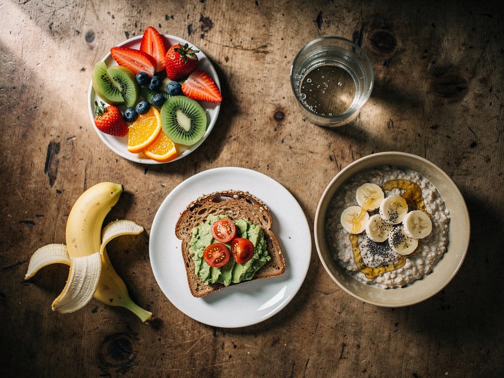 Wholesome breakfast flat-lay with fruits, oats, and whole grain toast on wooden table