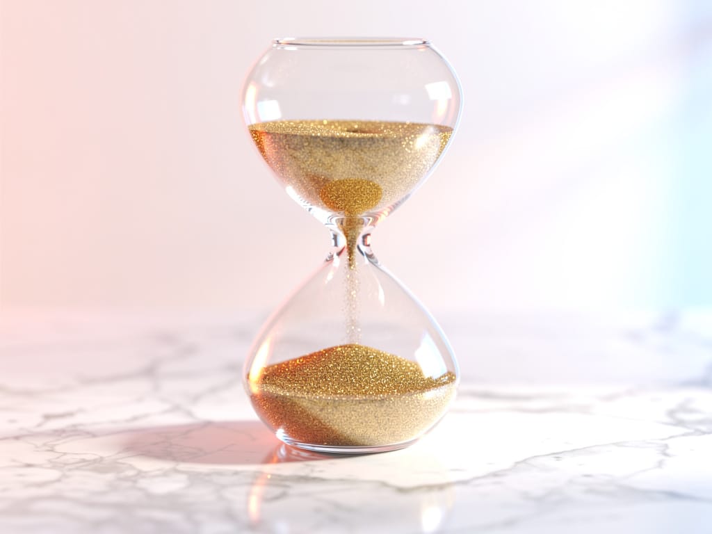 Hourglass on marble surface with soft golden light