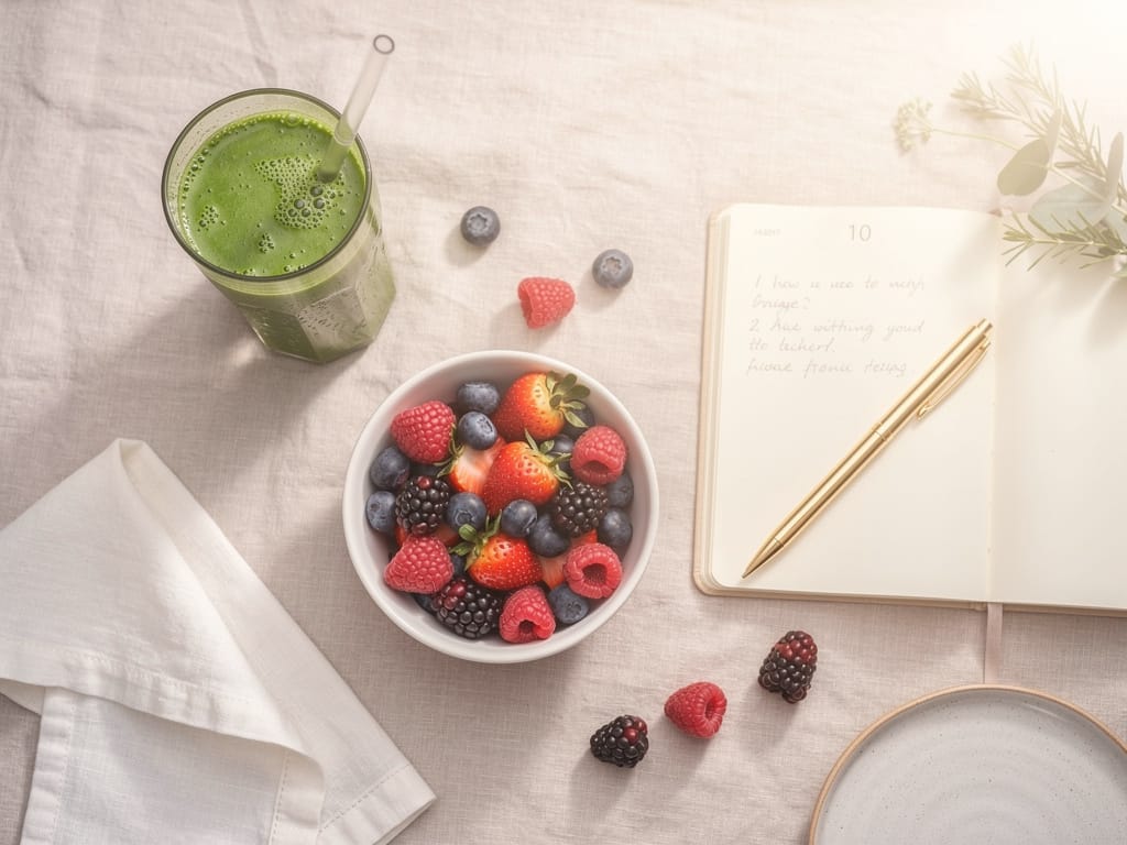 Healthy breakfast flat lay with berries and green smoothie