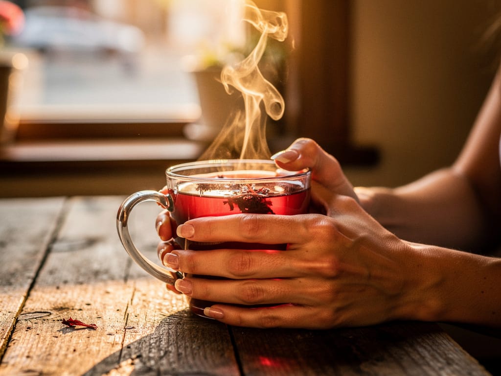 Woman holding a warm mug of hibiscus herbal tea in morning light