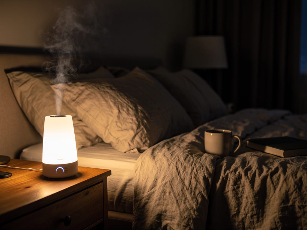 Cool-mist humidifier on a bedroom nightstand at night