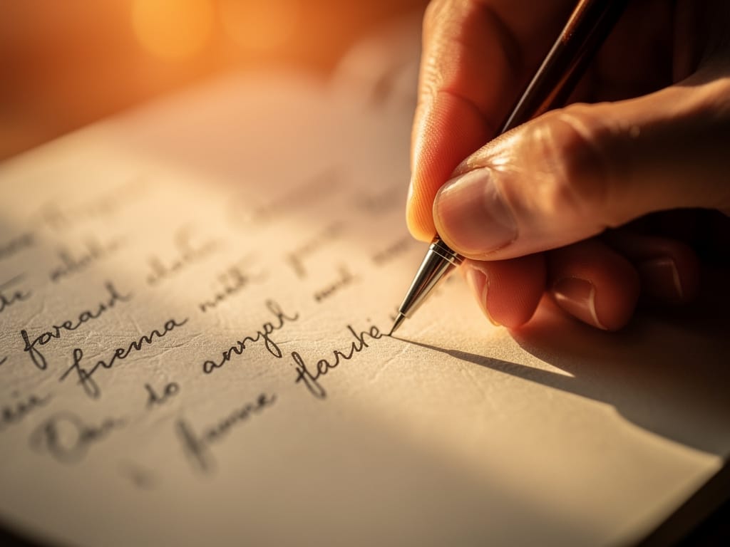 Hand writing in a journal at golden hour