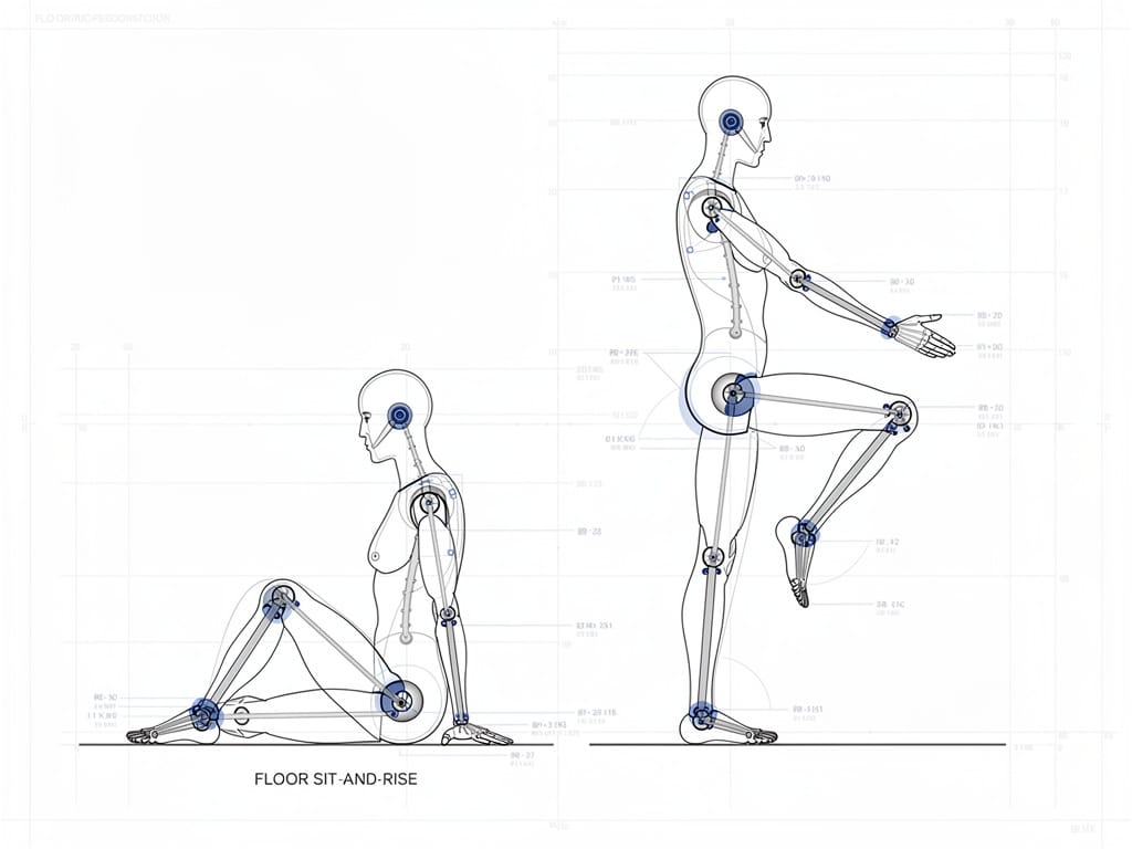 Person performing sitting rising test and balance test diagram
