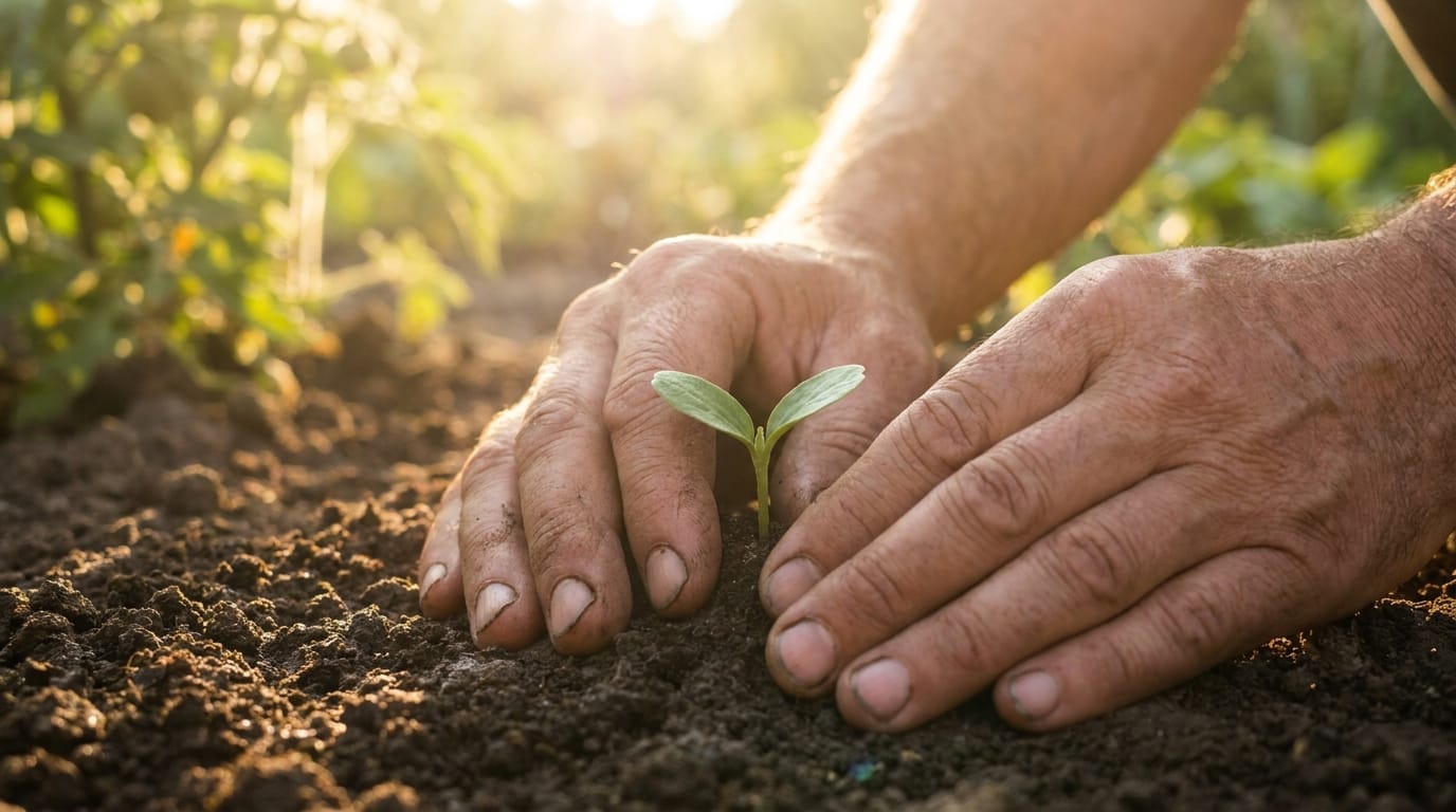 Hands nurturing a small green plant, symbolizing growth and health