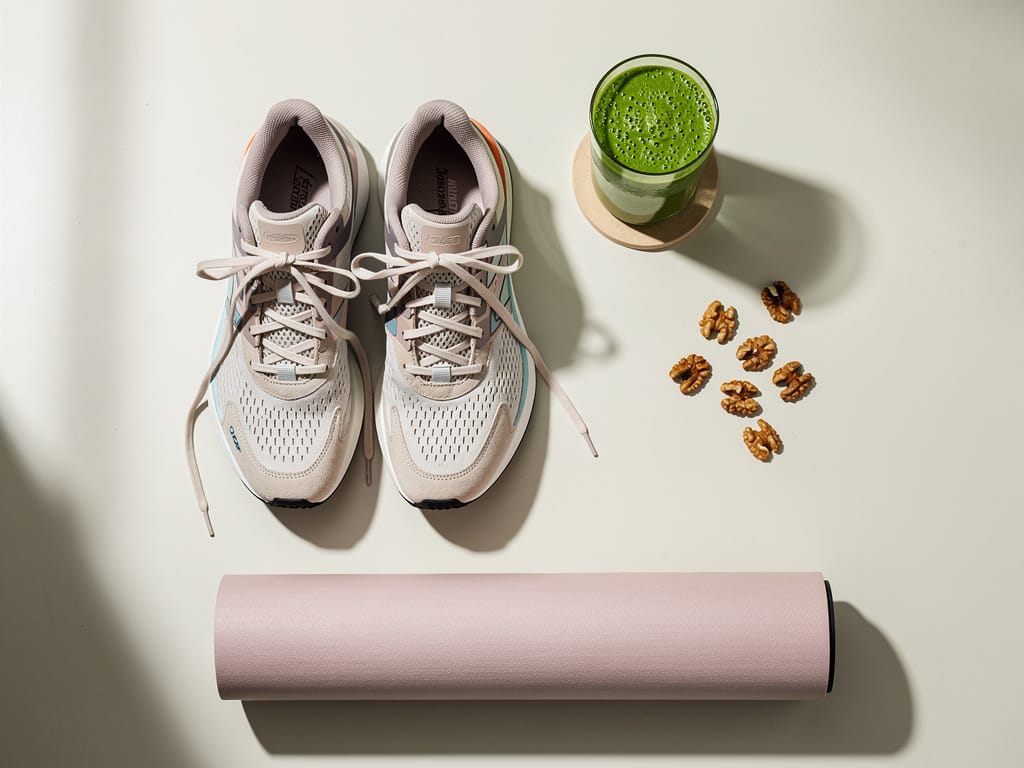 Healthy lifestyle items including running shoes and a green smoothie