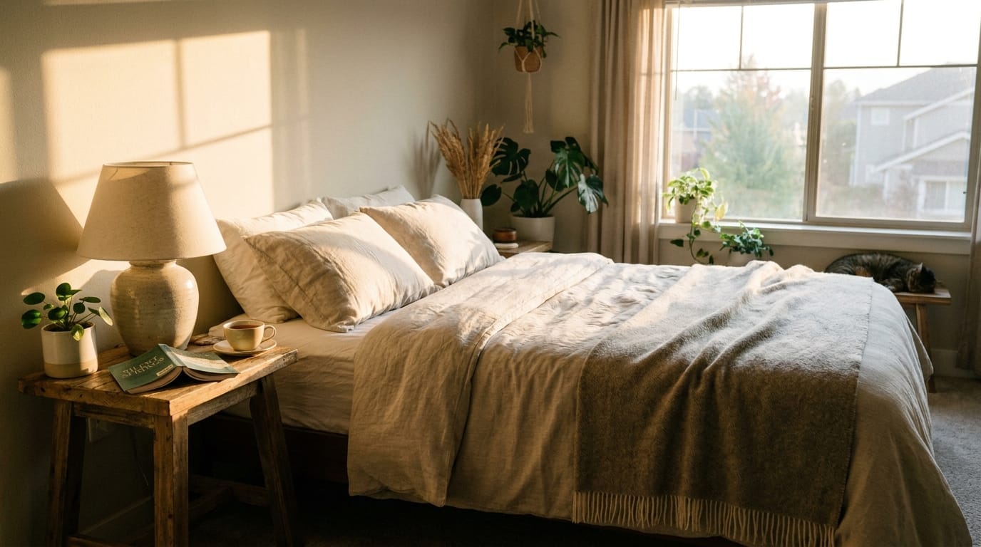 A peaceful bedroom in the morning, representing rest and recovery
