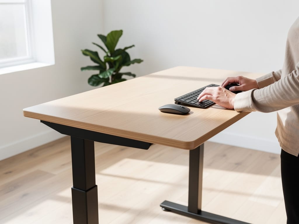 A person working at a standing desk in a clean office