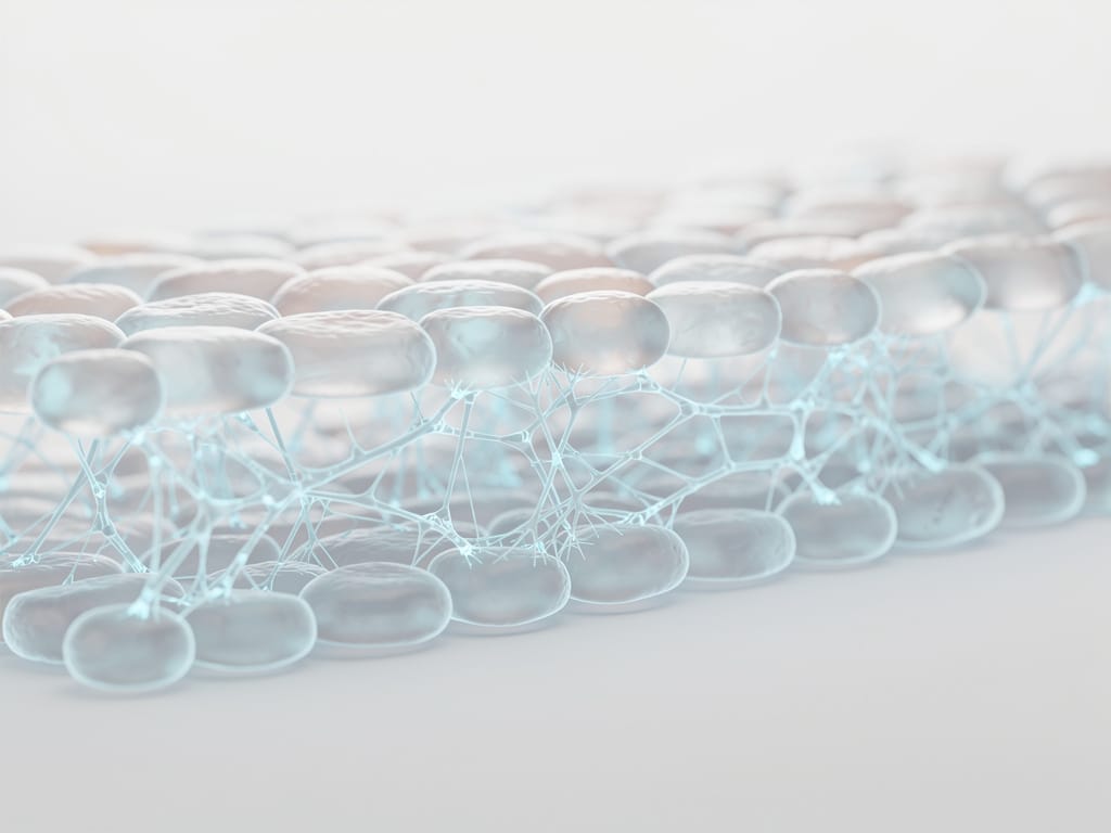 A scientific illustration of healthy skin cells and collagen fibers