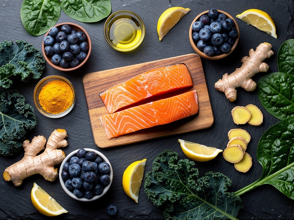 A colorful arrangement of anti-inflammatory foods including salmon and berries