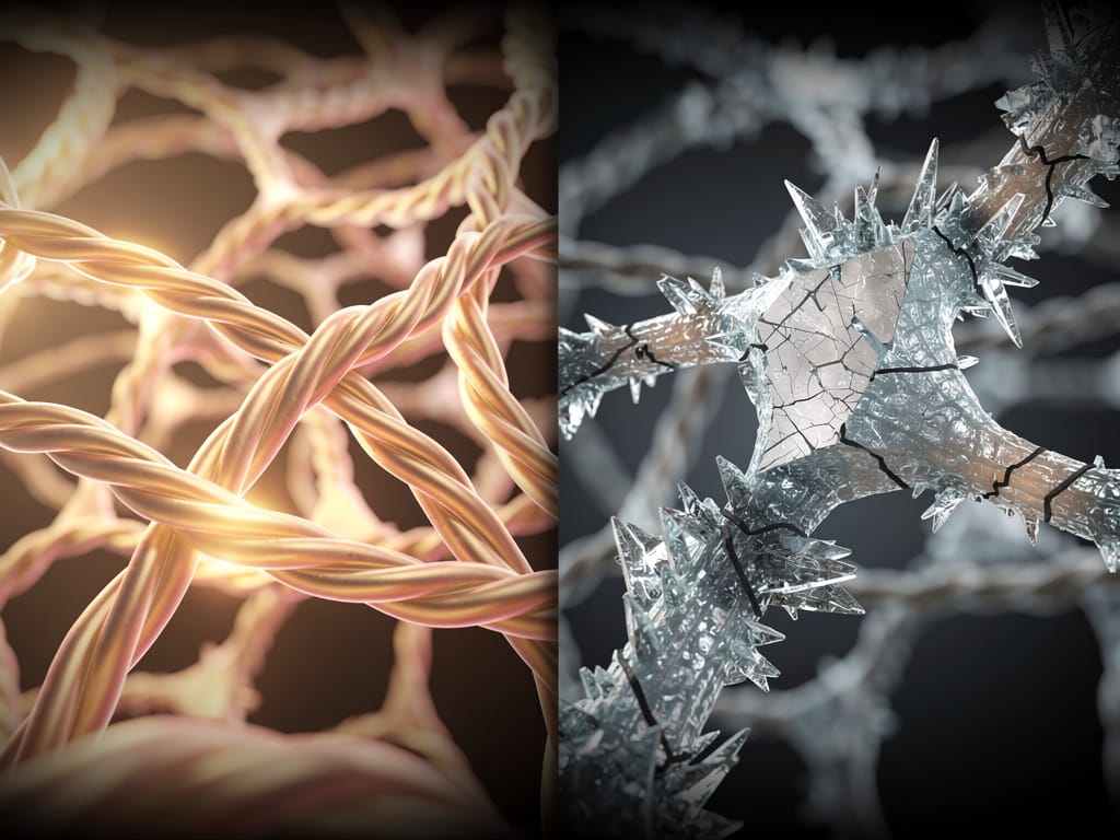 A conceptual image showing healthy vs. damaged collagen fibers