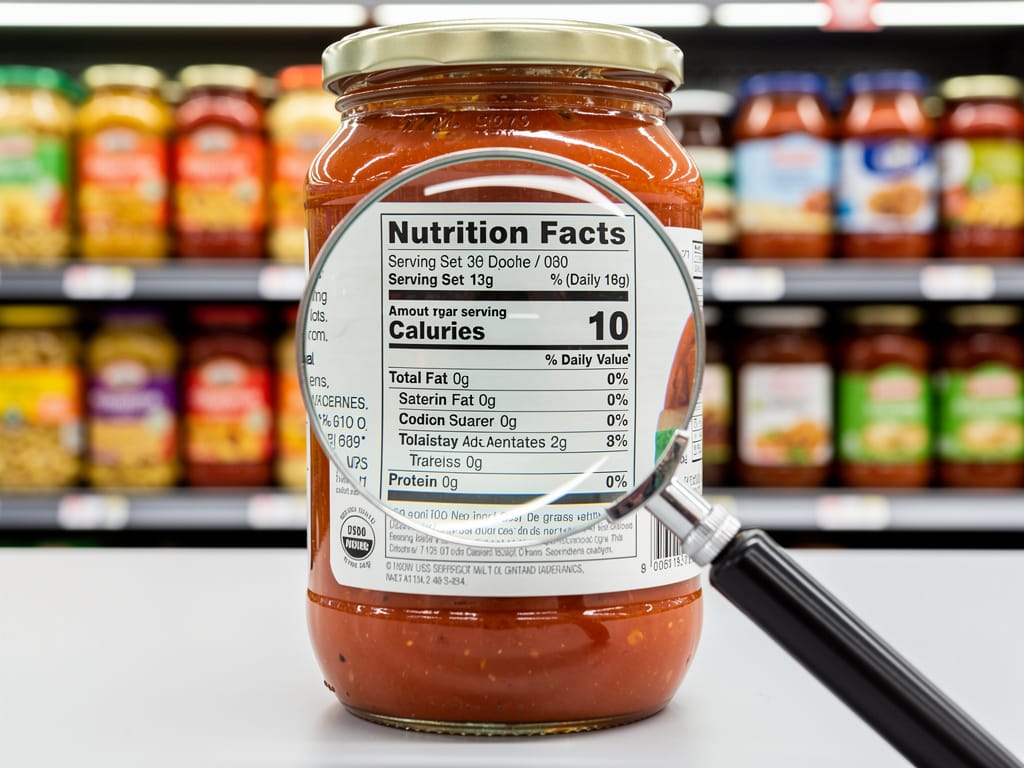 A magnifying glass focused on the added sugars section of a food nutrition label