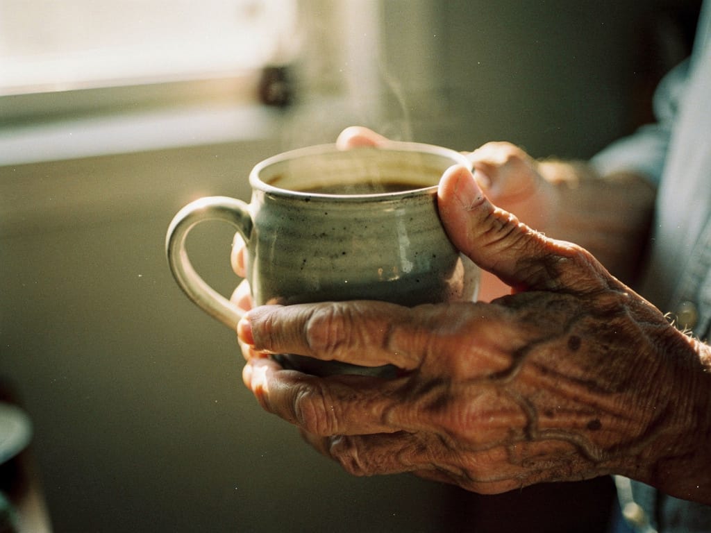 An older person's hands holding a mug of coffee