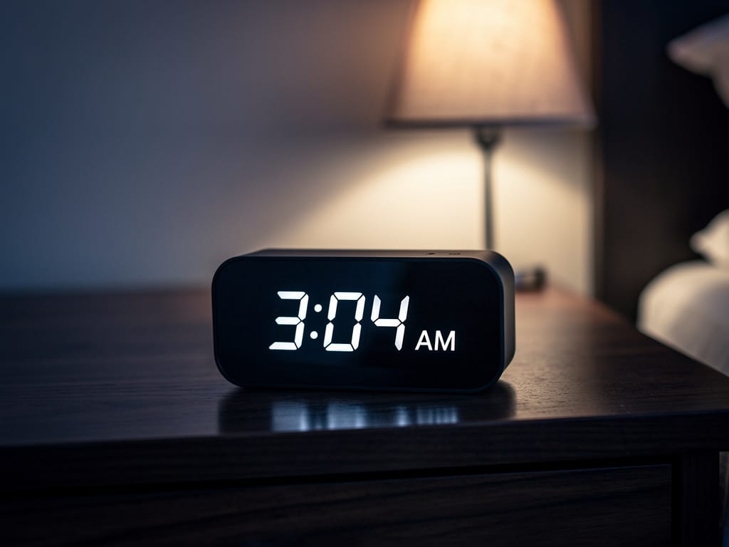 A digital clock showing 3 AM on a nightstand, symbolizing waking up early.