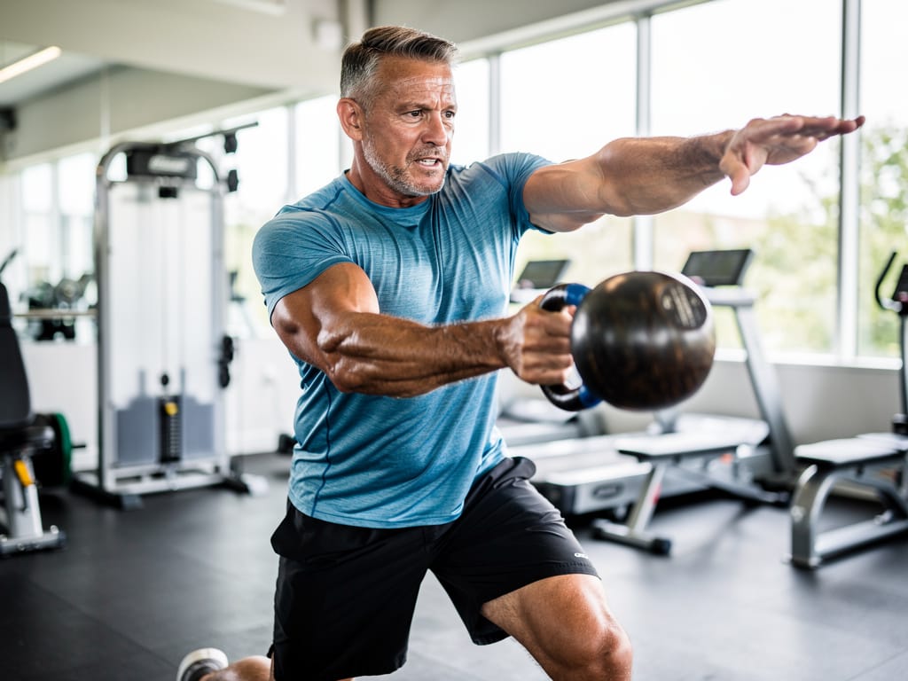 Man in his 50s doing a kettlebell swing