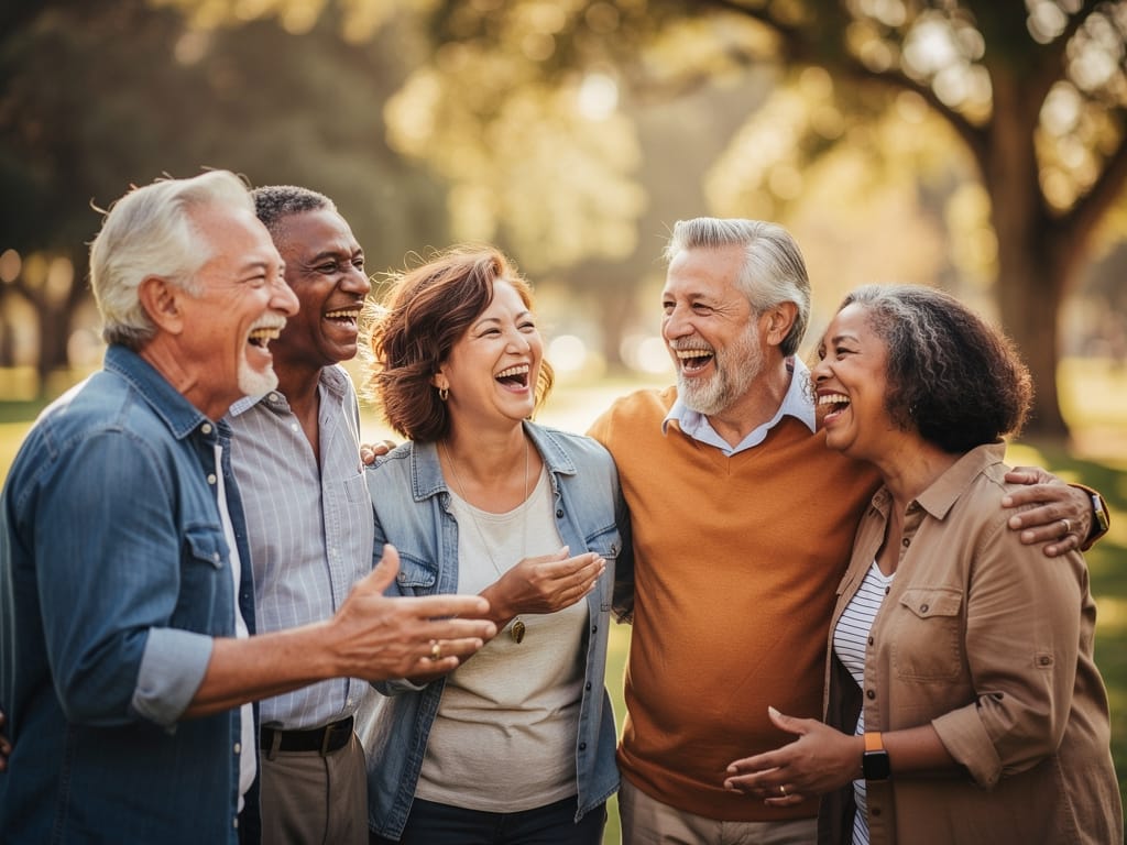 Diverse group of happy, healthy-looking middle-aged friends