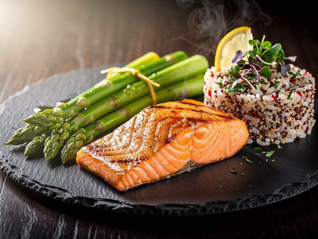 A healthy plate of grilled salmon, asparagus, and quinoa