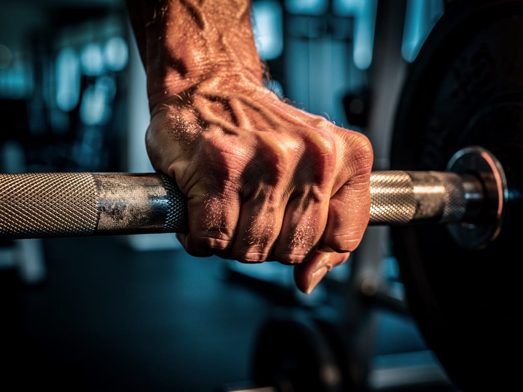 Close-up of a hand gripping a steel bar in a gym with cinematic lighting