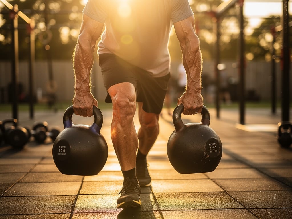 Older adult doing farmer's carry with kettlebells in outdoor gym at golden hour