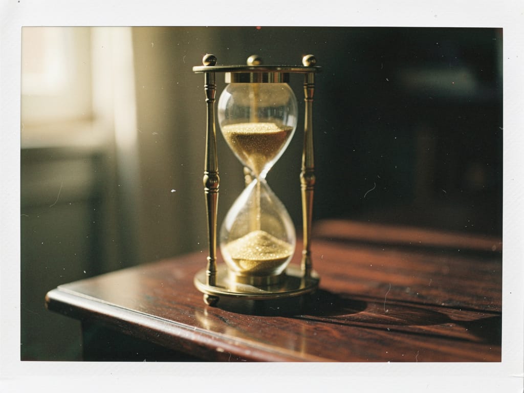 An hourglass with golden sand sits on a desk, symbolizing the passage of time
