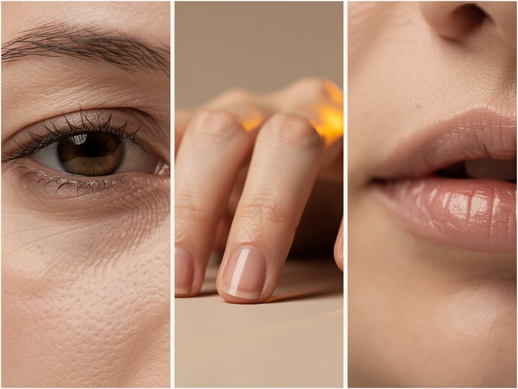 Close-up triptych of subtle body warning signs including tired eye, ridged nails, and pale lip