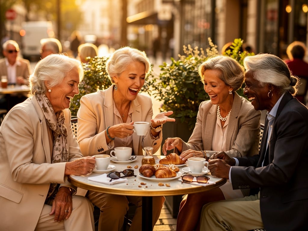 A group of older friends enjoying coffee and conversation at an outdoor cafe.
