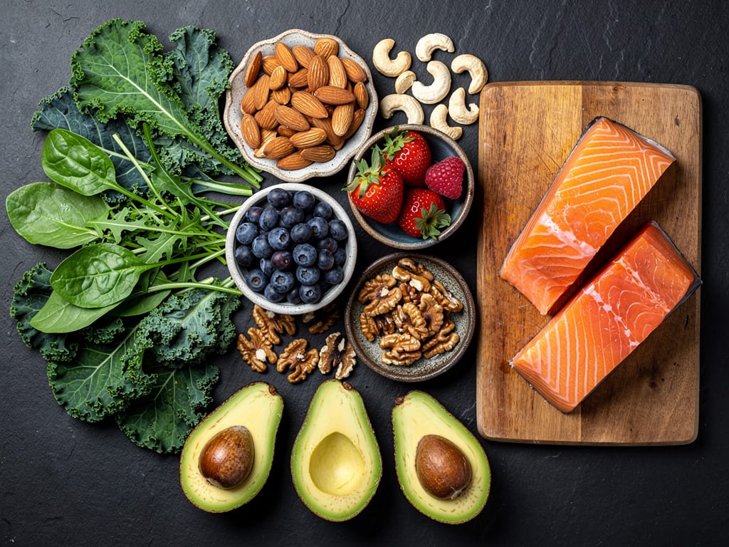 A flat lay of healthy whole foods like salmon, berries, and leafy greens.