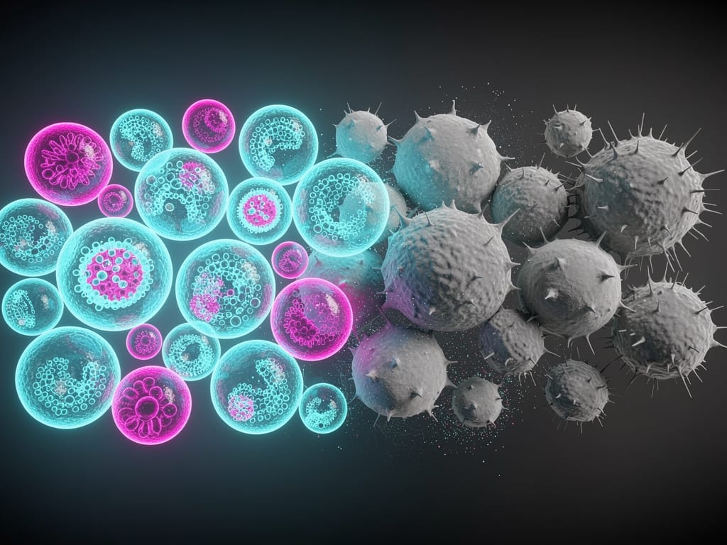 A microscopic view showing healthy cells versus aging senescent cells