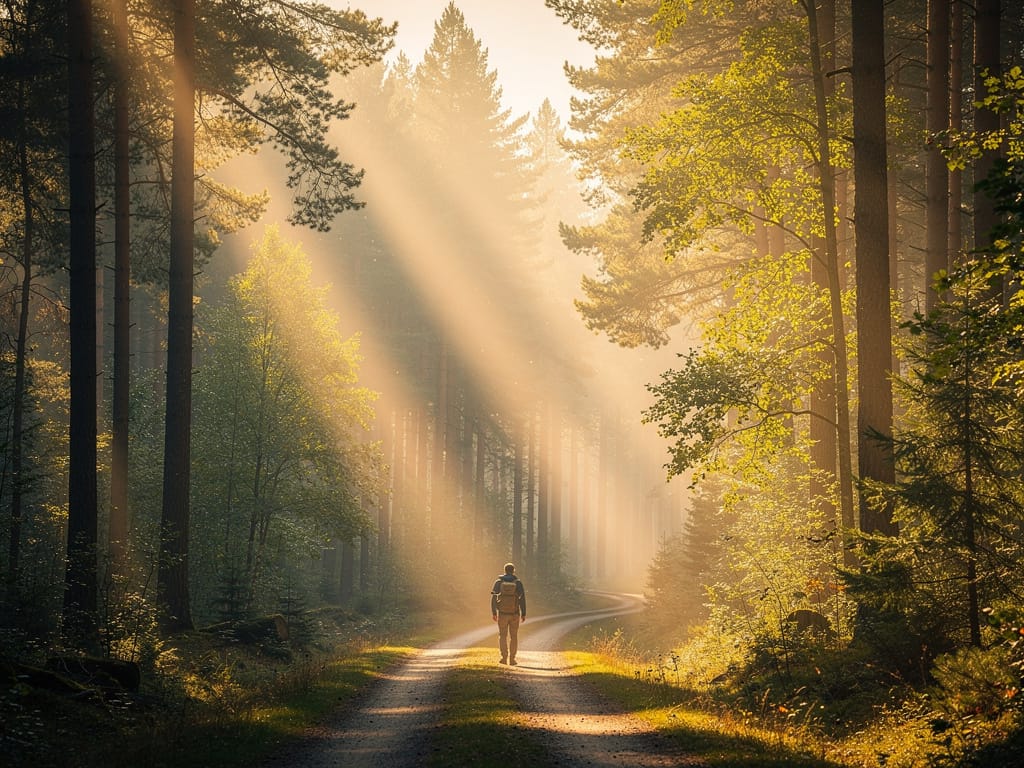 A person walking on a scenic forest path at sunrise