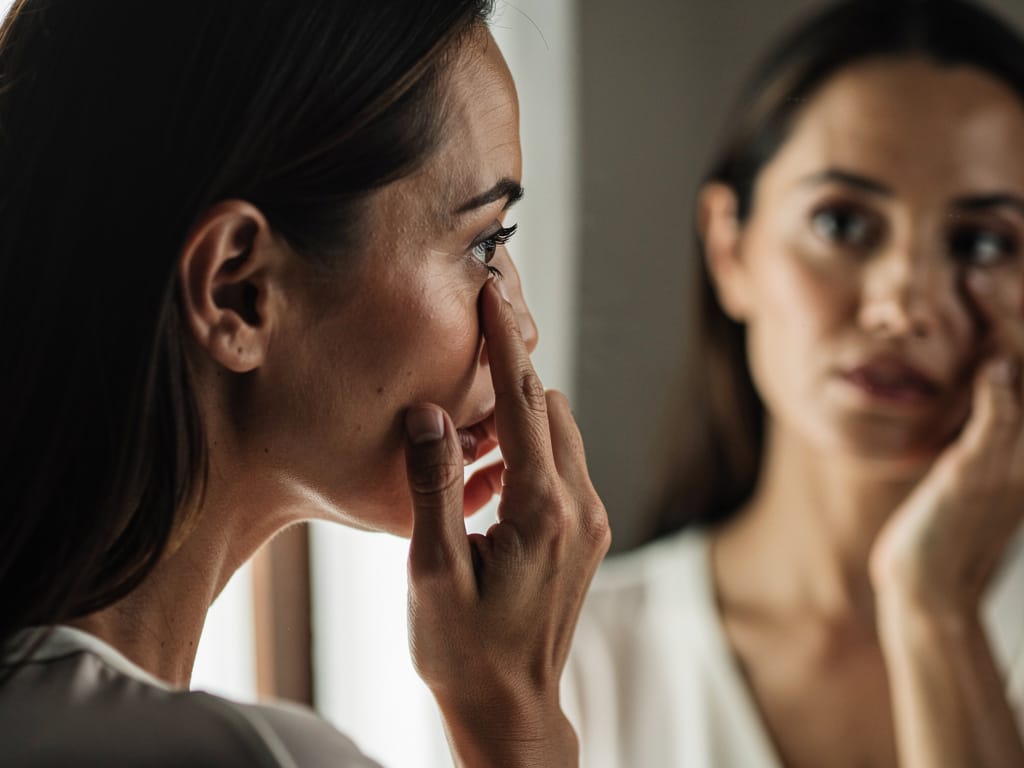 Woman in her late 30s examining fine lines in the mirror