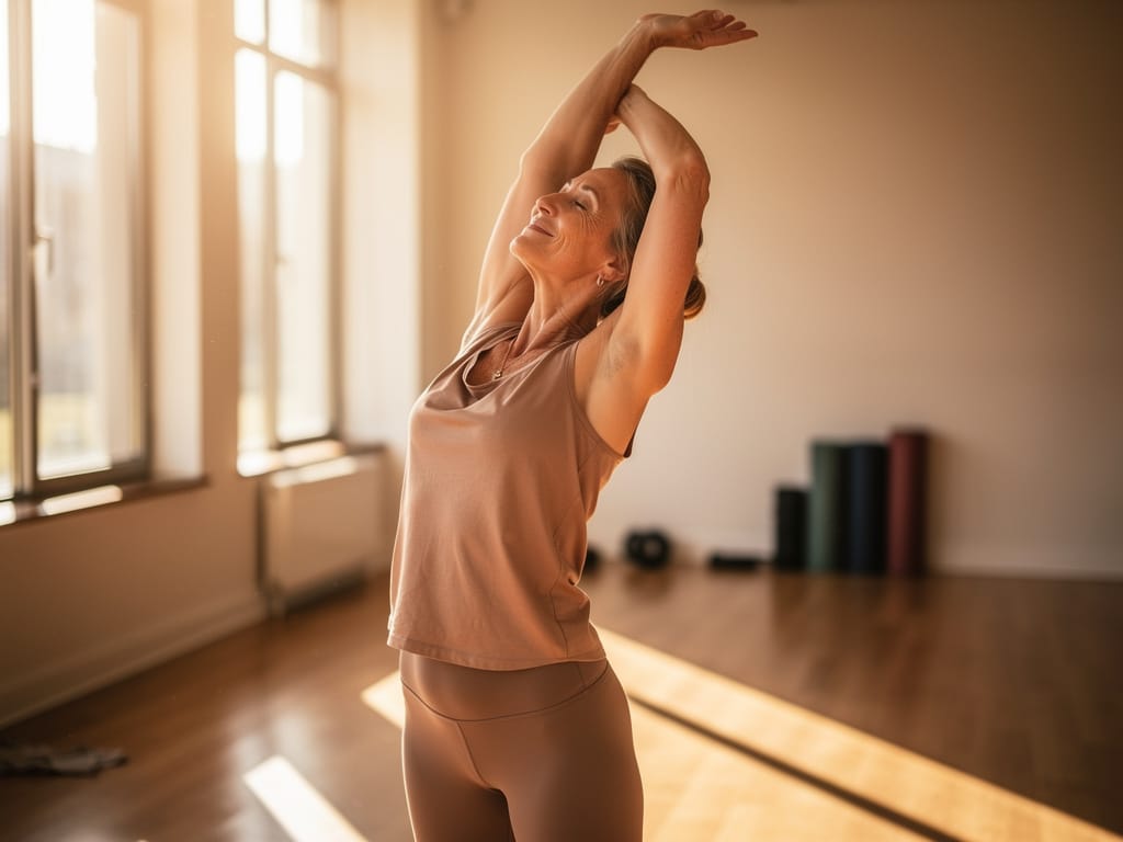 Woman in her 50s doing a gentle stretch in a yoga studio