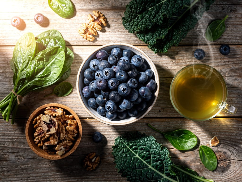 A flat lay of healthy, antioxidant-rich foods for skin health