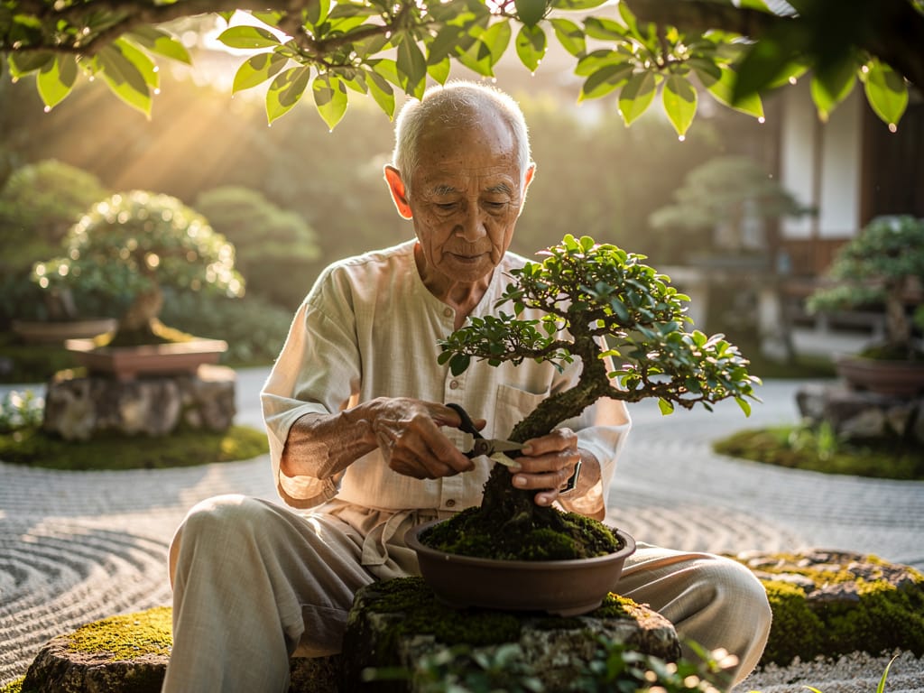 An elderly man tending to a bonsai tree
