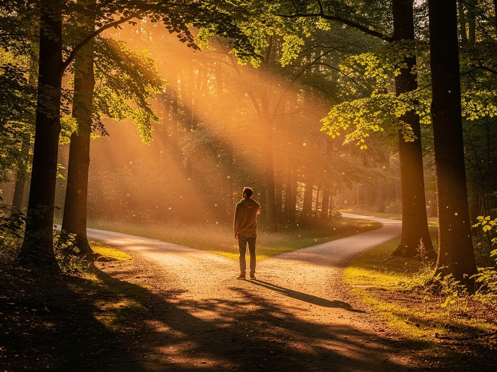 A person at a fork in a forest path at sunrise