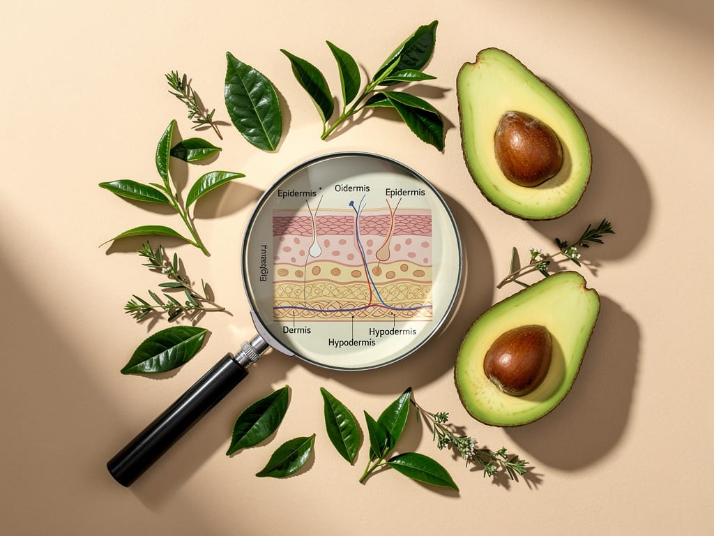 A magnifying glass examining a diagram of skin layers next to healthy botanicals