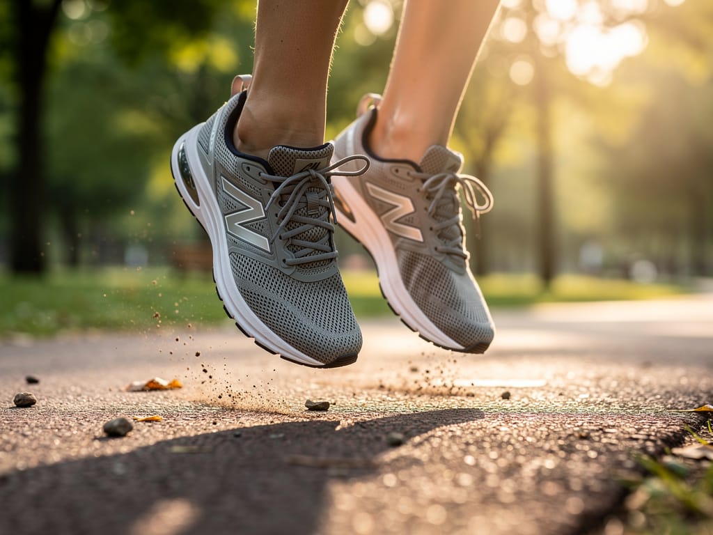 A pair of walking shoes on a park trail