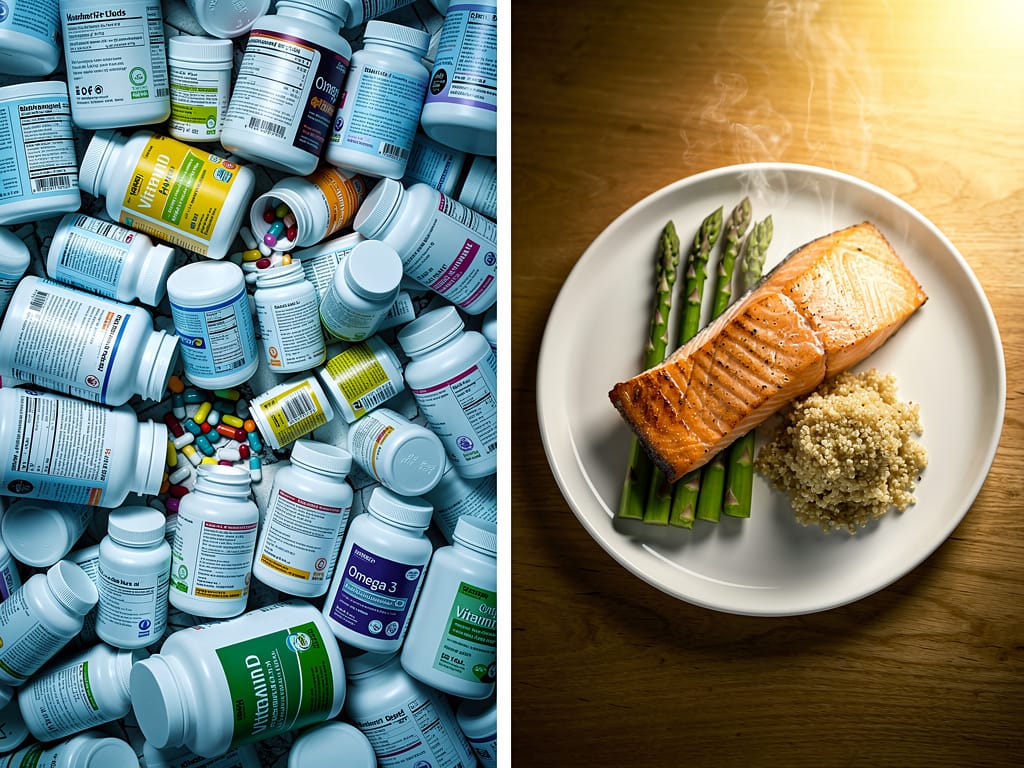 A comparison of a pile of supplement bottles versus a healthy plate of food