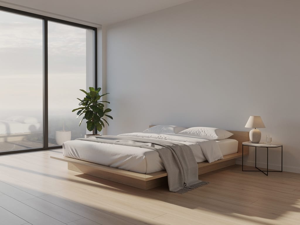 Serene bedroom with morning light coming through the windows