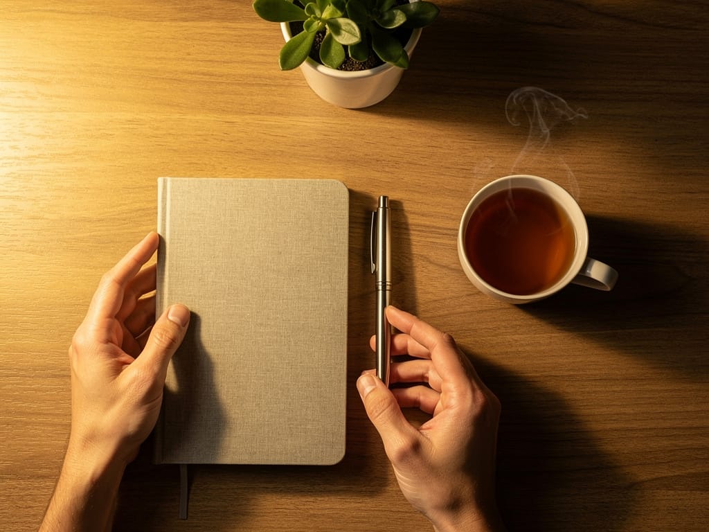 A person's hands organizing a desk with a journal and tea
