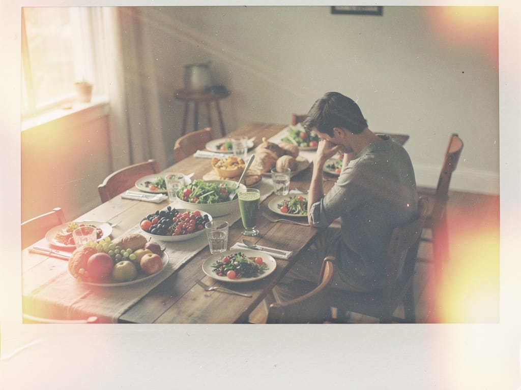 A person sitting alone at a large dining table with a green smoothie