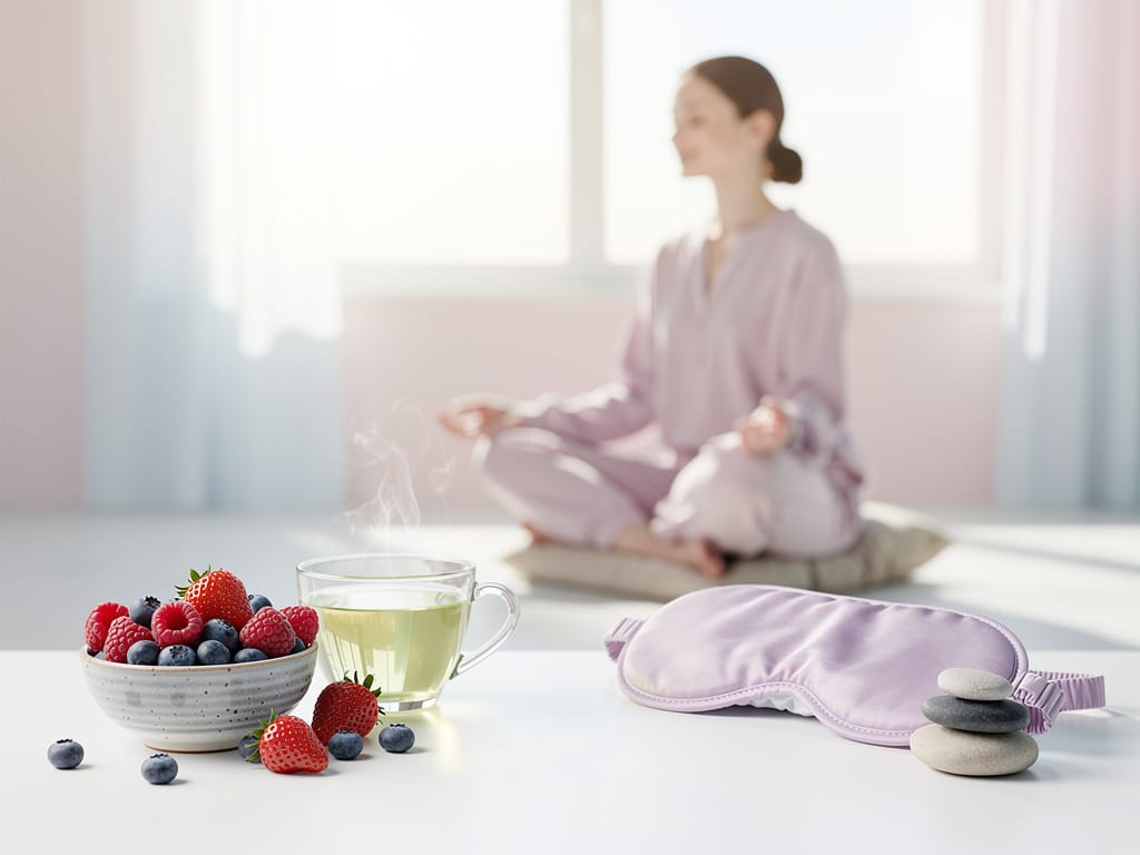 Healthy lifestyle elements including nutritious food, meditation, and sleep