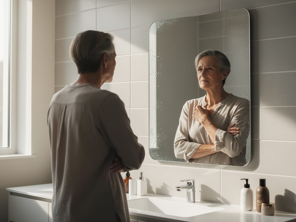 A person looking thoughtfully at their reflection in a mirror
