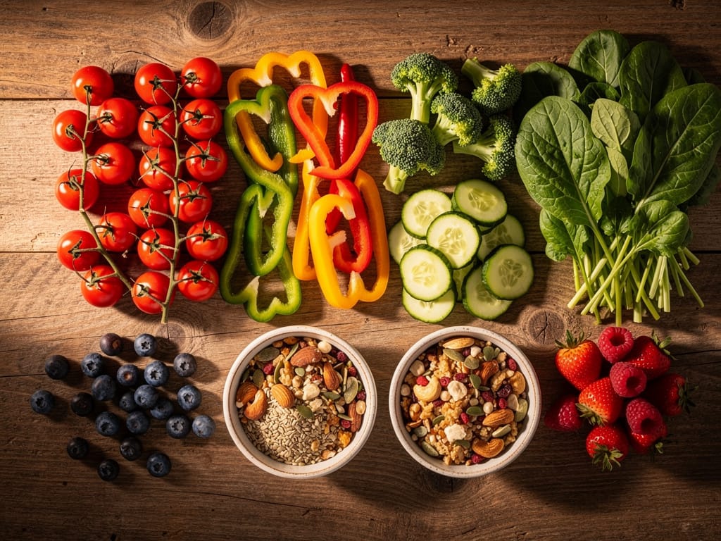 A variety of healthy foods like vegetables and nuts on a table