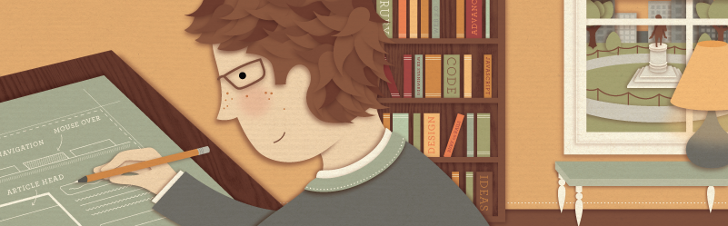 Norbauer Inc illustrated masthead by Jessiche Hische showing a designer working at a table