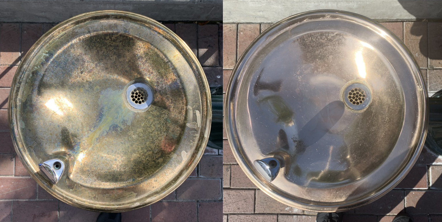 Brass fountains at Disneyland. One afternoon on the left, next morning on the right.